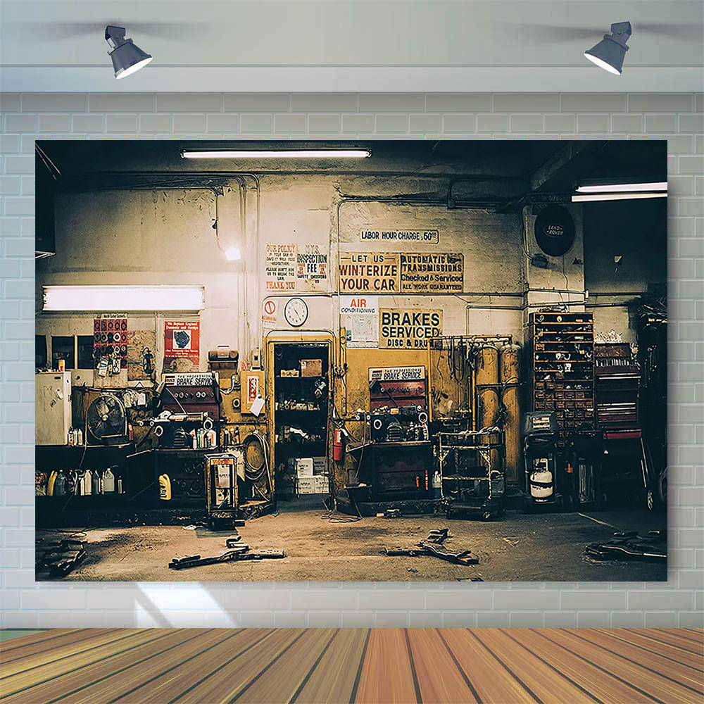 Retro Car Repairs Backdrop Too - огляд і ціна Workshop Tools Background